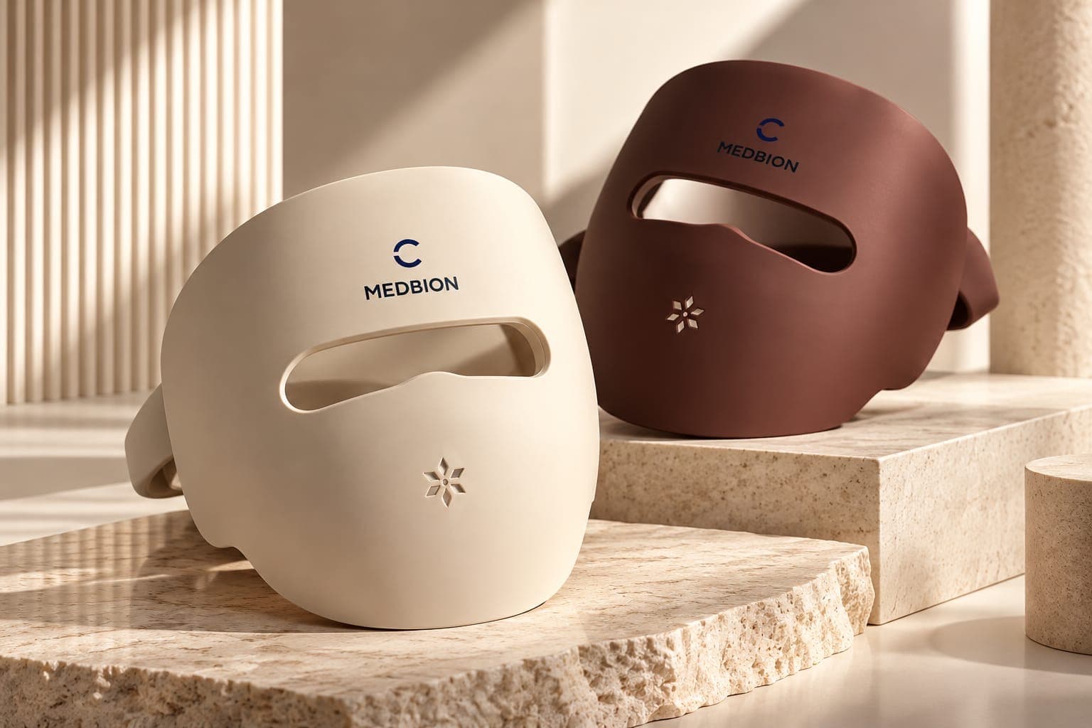 Măștile MEDBION Ivory Cream și Burgundy Brown, prezentate împreună